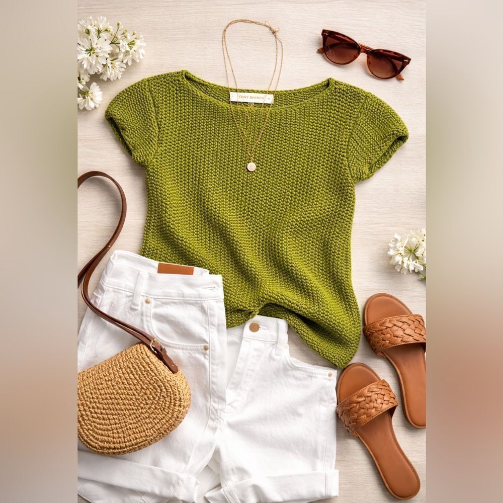 Tory Burch Chunky Knit Short Sleeve Sweater | XS | Moss Green